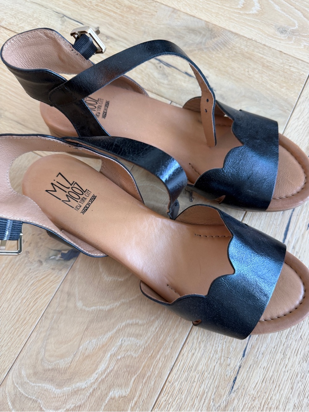 Miz Mooz Black Leather Scallop-Edge Ankle Strap Sandals